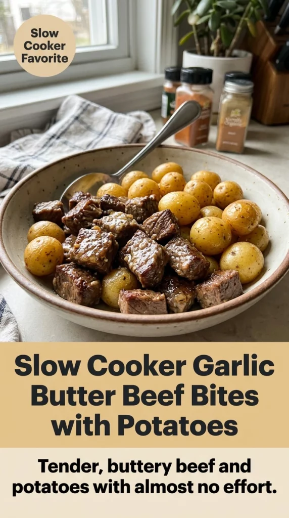 Slow Cooker Garlic Butter Beef Bites with Potatoes - Recipe Image
