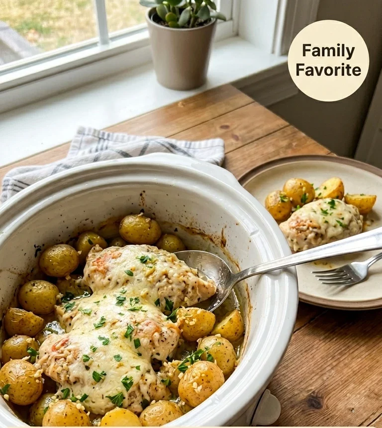 Garlic Parmesan Crockpot Chicken and Potatoes That Practically Makes Itself - Recipe Image